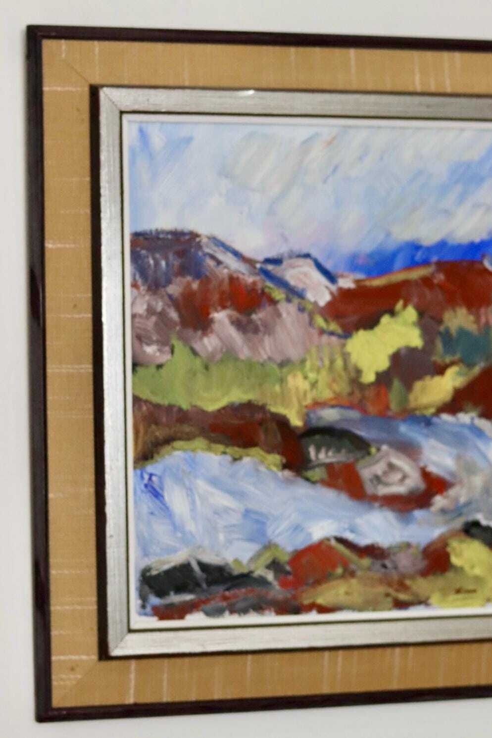 Swedish Mid Century Oil On Board Painting "Mountain Motif" By H öman  Vintage & Framed photo furniture