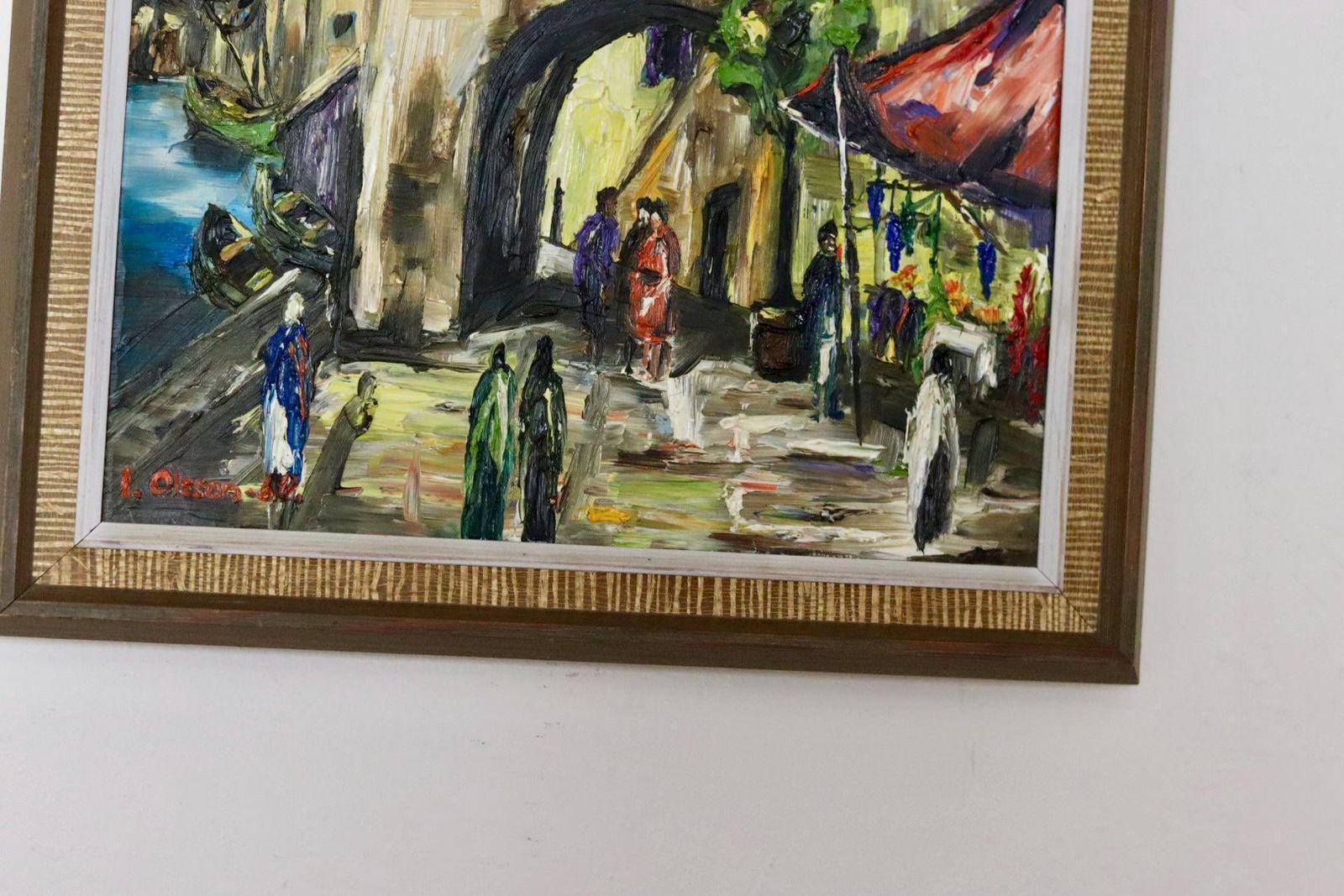 Original Swedish Mid Century Oil On Panel Painting "City By The Water" By L. Olsson  Vintage & Framed photo Art