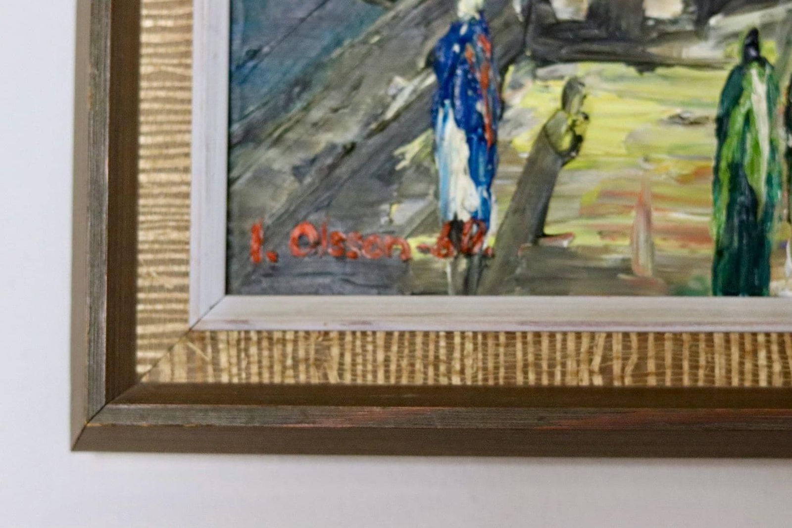 Original Swedish Mid Century Oil On Panel Painting "City By The Water" By L. Olsson  Vintage & Framed photo vinterior