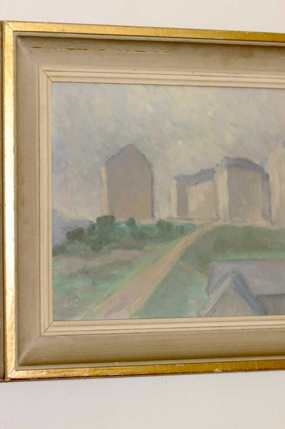 Swedish Original Oil On Canvas Painting "Muted Houses"   Vintage & Framed photo Art