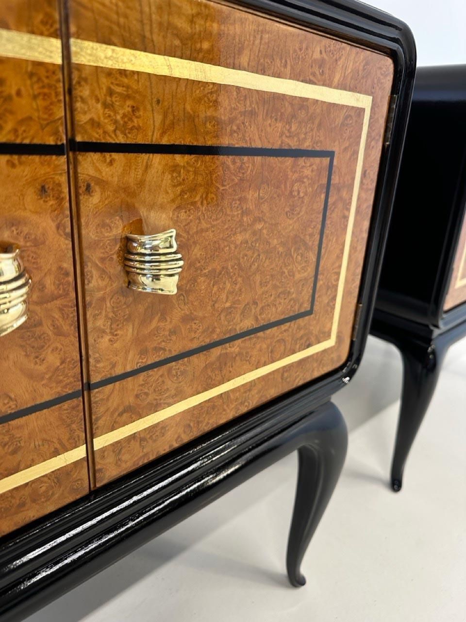 Italian Art Deco Nightstands In Maple, Gold Leaf And Black Lacquer, 1940s photo vinterior