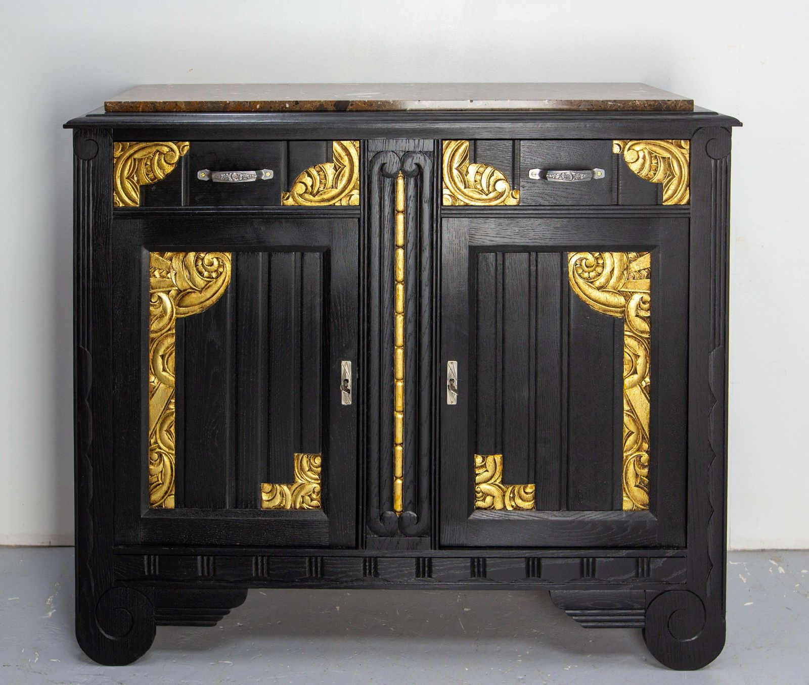 Art Deco Credenza Sideboard French Black & Golden Refinished Buffet, Circa 1930 photo furniture