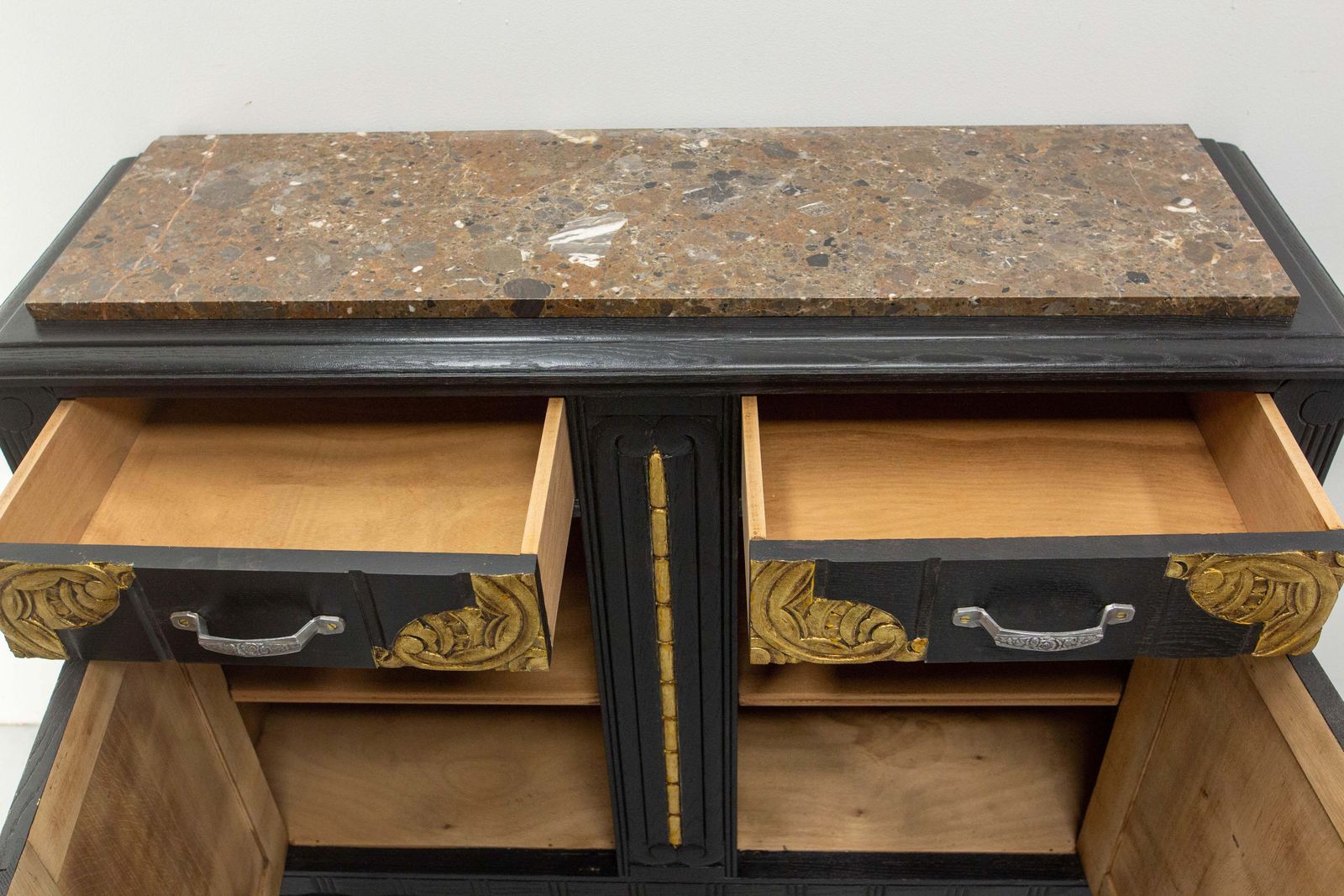 photo buy Art Deco Credenza Sideboard French Black & Golden Refinished Buffet, Circa 1930