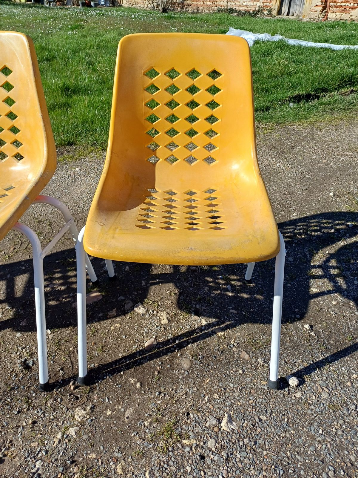 6 Vintage Iron And Orange Plastic Garden Chairs photo Furniture