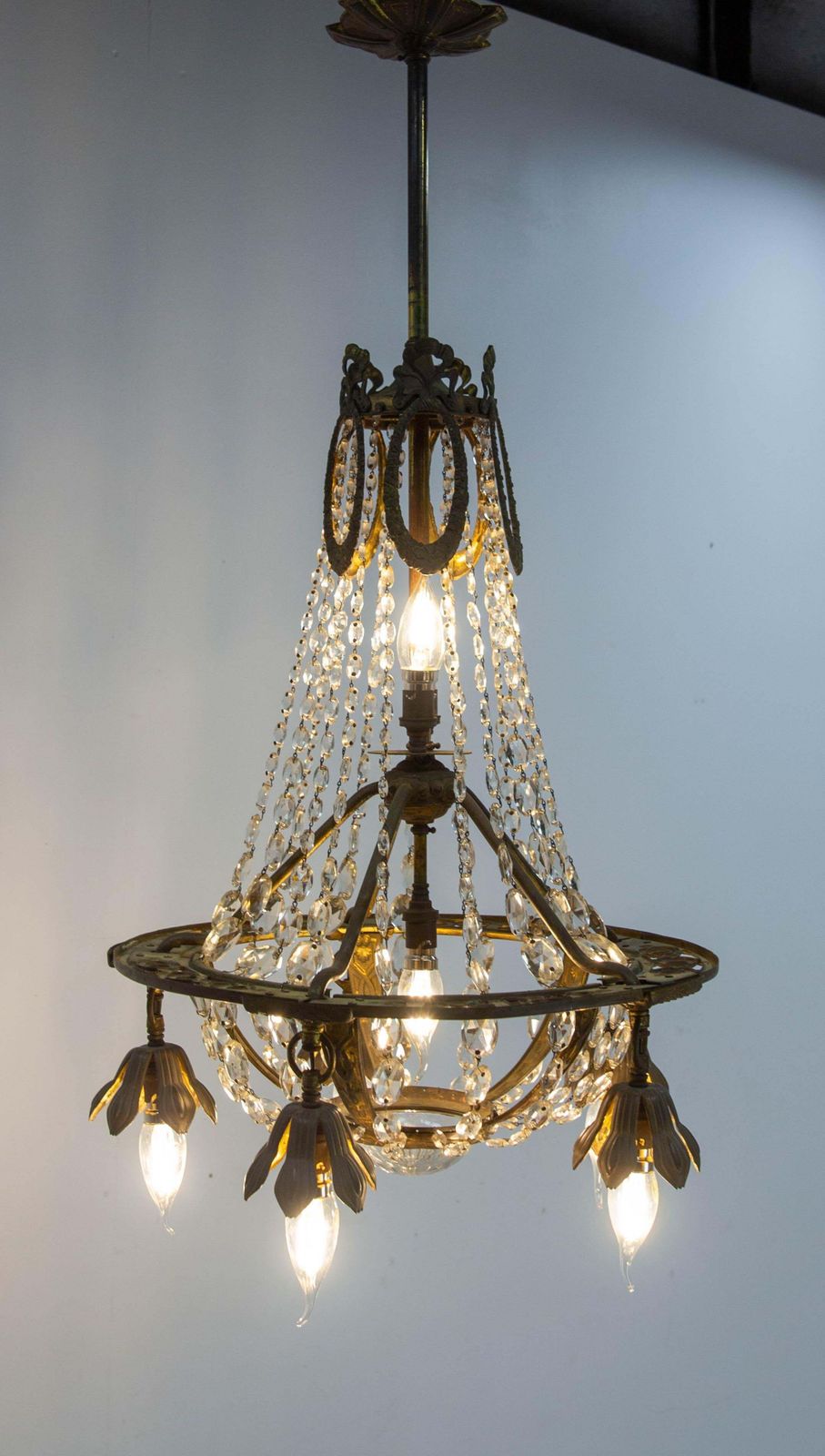 French Brass Chandelier With Crystal Drops Ceiling Pendant Midcentury Circa 1900 photo furniture
