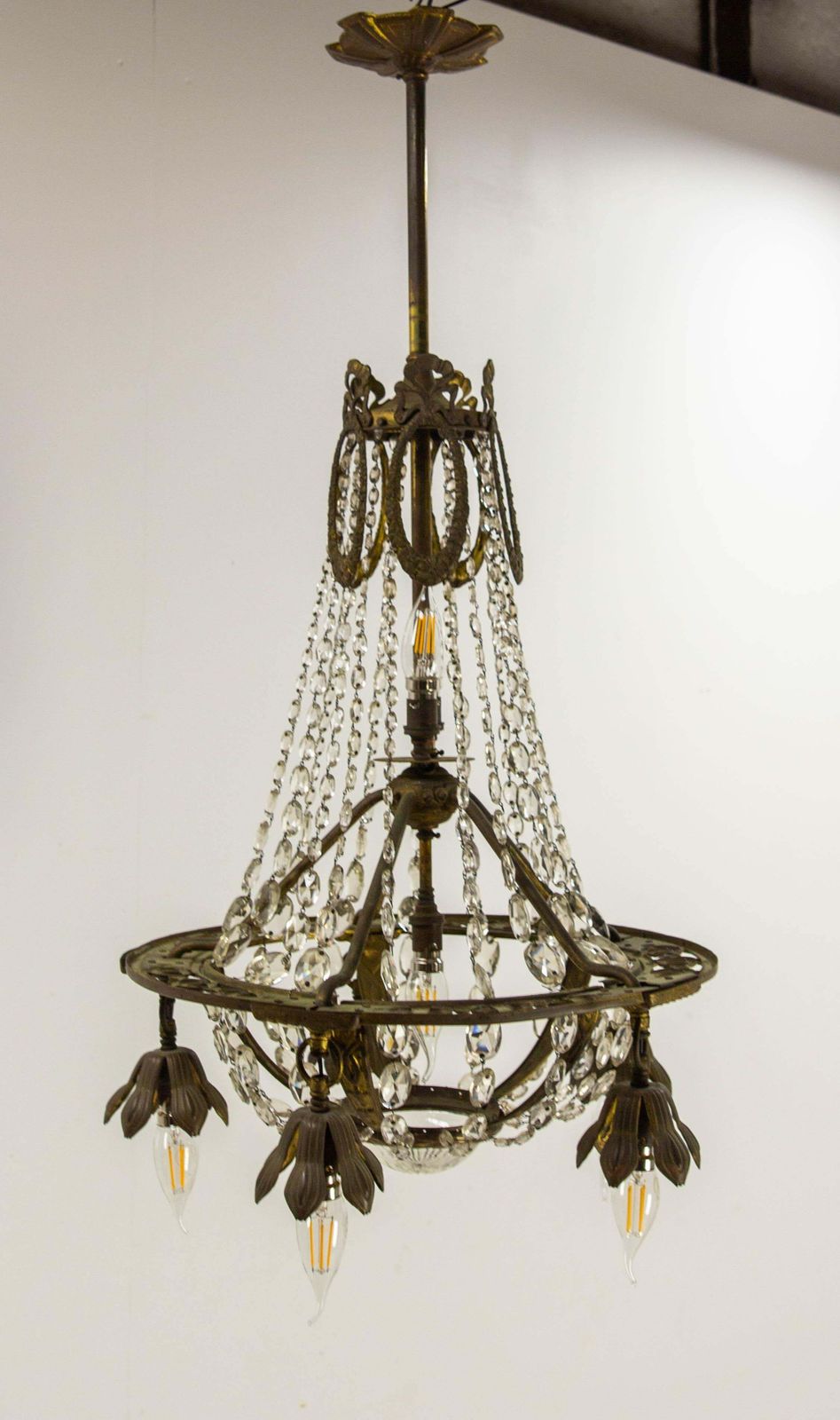 French Brass Chandelier With Crystal Drops Ceiling Pendant Midcentury Circa 1900 photo for sale