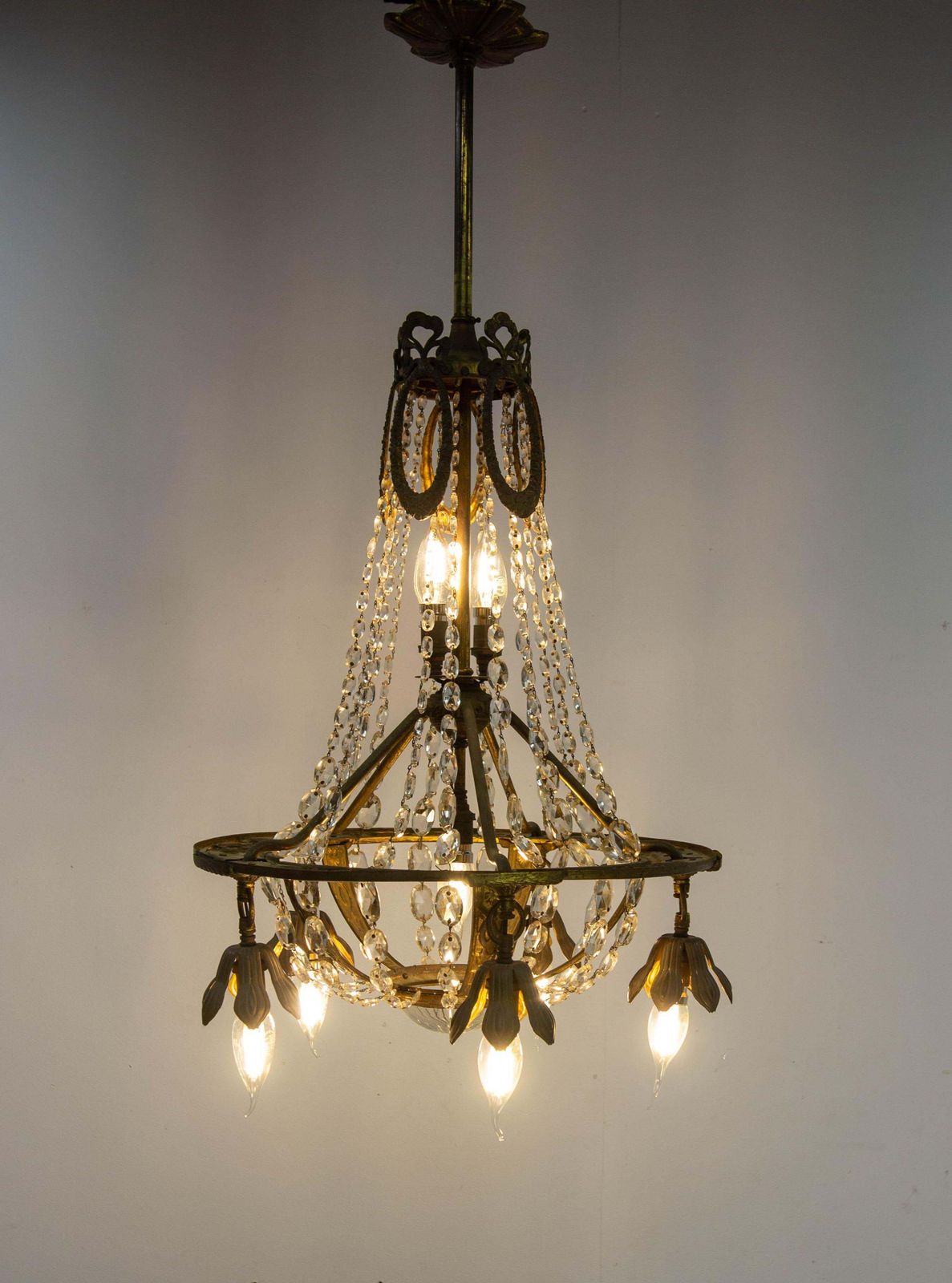 French Brass Chandelier With Crystal Drops Ceiling Pendant Midcentury Circa 1900 photo Lighting