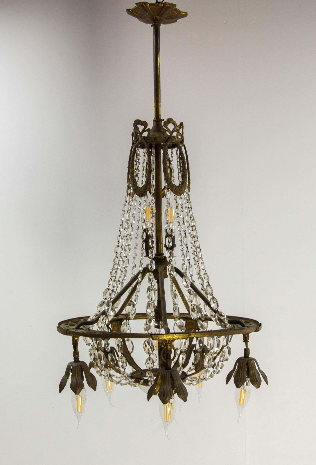 French Brass Chandelier With Crystal Drops Ceiling Pendant Midcentury Circa 1900 photo 1023.0