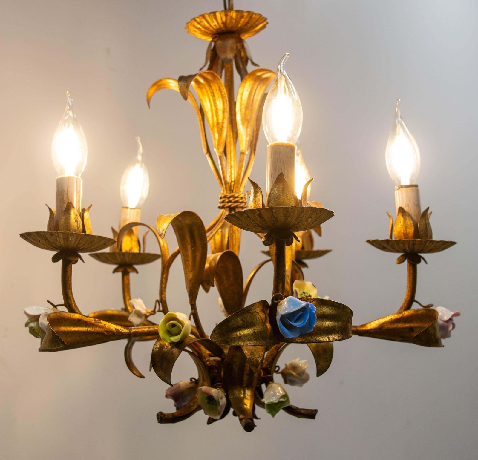 French Chandelier Golden Metal Porcelain Flowers Ceiling Pendant, C 1950 photo 1073.0