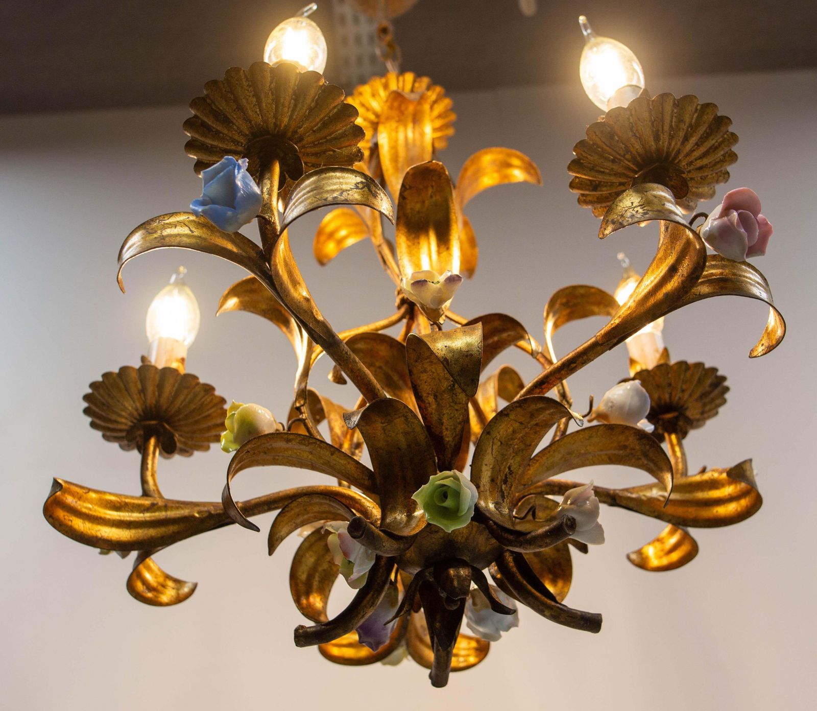French Chandelier Golden Metal Porcelain Flowers Ceiling Pendant, C 1950 photo buy