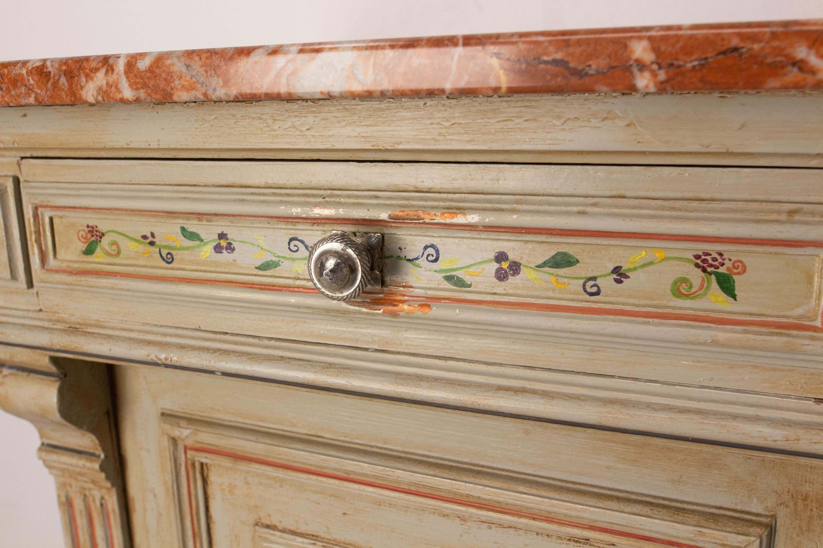 Painted Wood & Marble Top Buffet Patinated & Decorared Cabinet, French, C 1900 photo Furniture