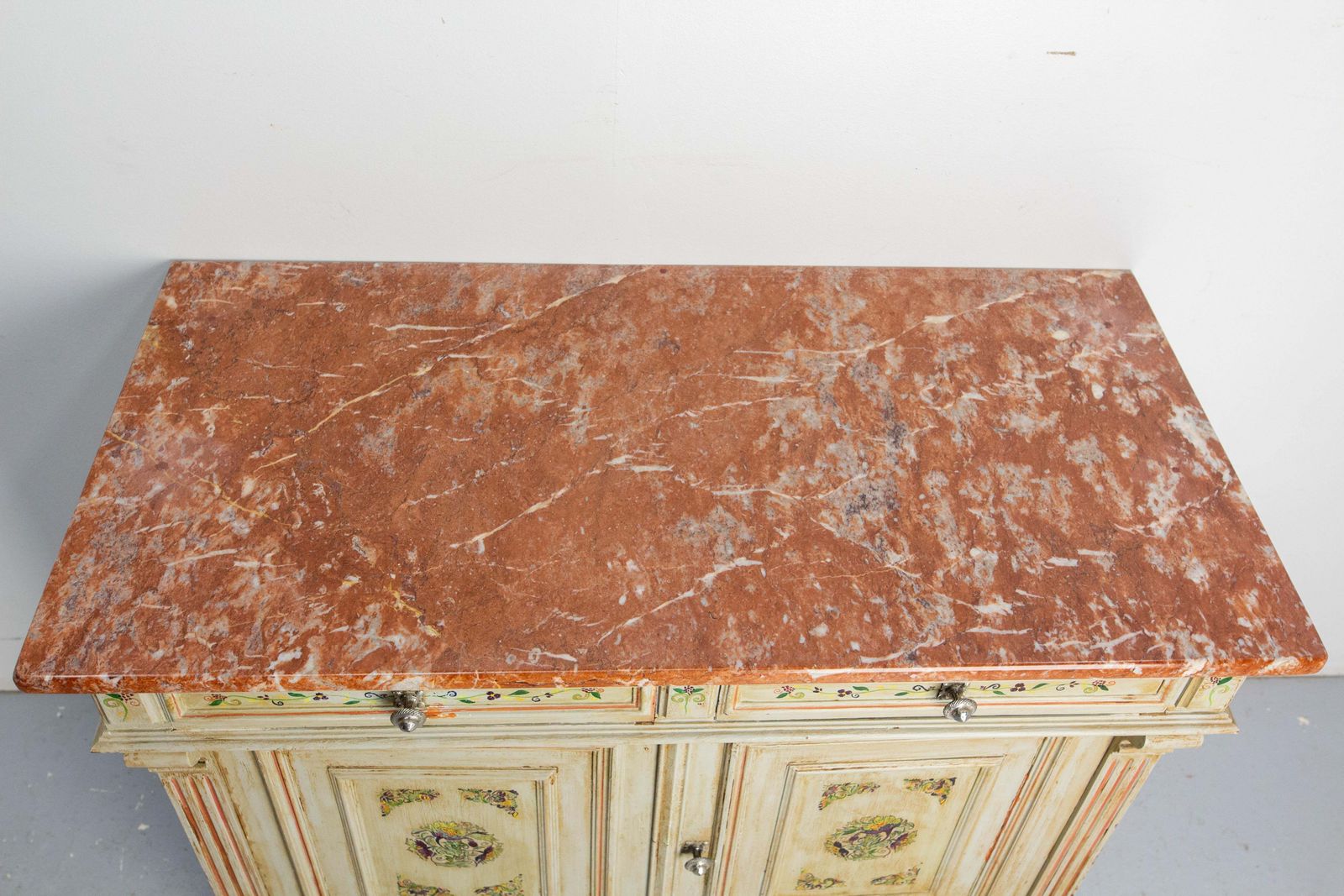 Furniture Painted Wood & Marble Top Buffet Patinated & Decorared Cabinet, French, C 1900 photo