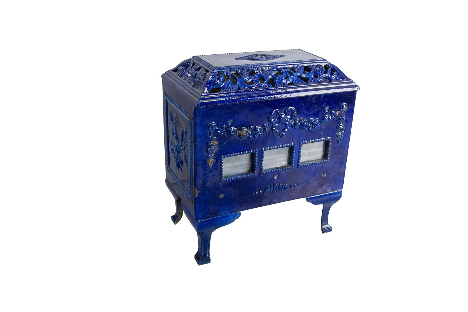 French Small Art Deco Blue Enamelled Cast Iron Wood/Coal Stove photo for sale