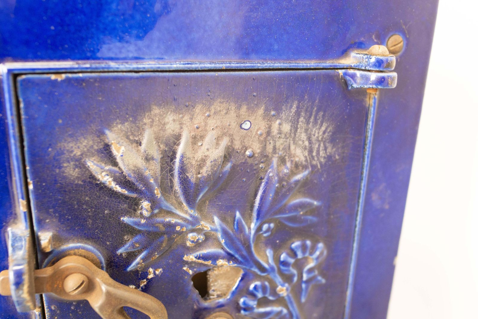French Small Art Deco Blue Enamelled Cast Iron Wood/Coal Stove photo vinterior