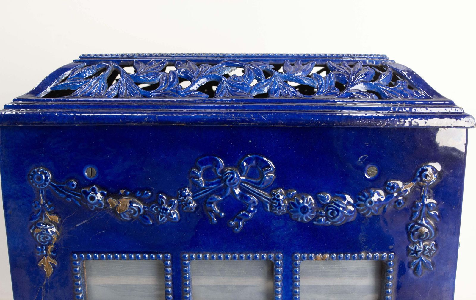 French Small Art Deco Blue Enamelled Cast Iron Wood/Coal Stove photo vintage