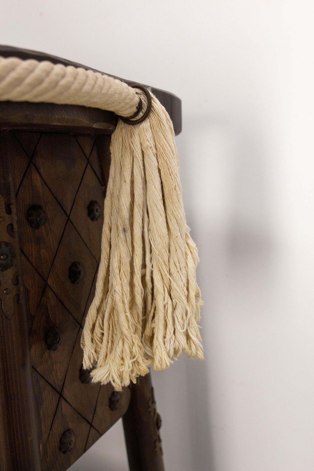 French Vintage Dry Bar Counter Spanish Style Pine Rope & Studs Two Stools C 1960 photo vinterior