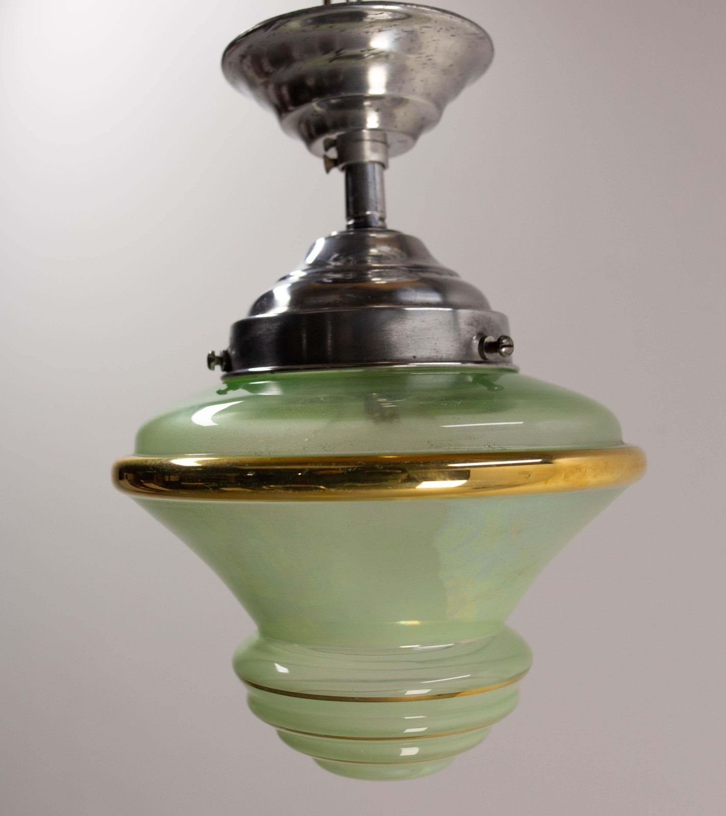 French Art Deco Chandelier Green Art Glass & Aluminium Ceiling Pendant, C 1920 photo for sale
