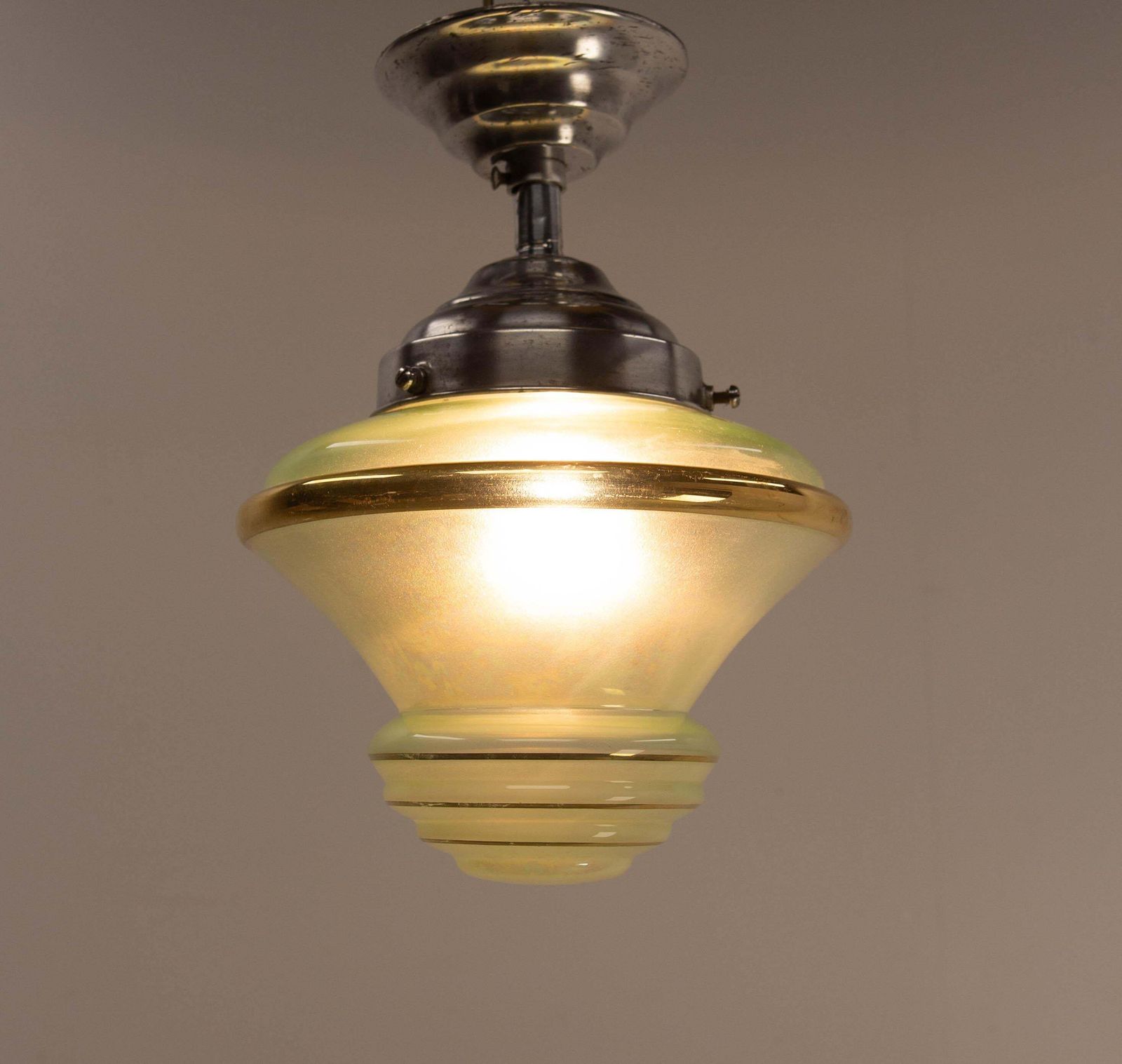 French Art Deco Chandelier Green Art Glass & Aluminium Ceiling Pendant, C 1920 photo vinterior
