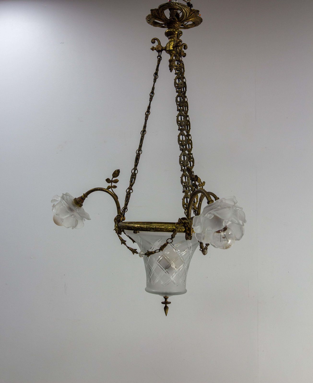 French Lustre Brass & Frozen Glass Ceiling Pendant Chandelier Circa 1910 photo vinterior