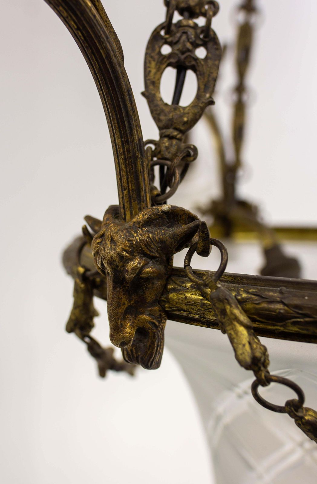 1427.0 French Lustre Brass & Frozen Glass Ceiling Pendant Chandelier Circa 1910 photo