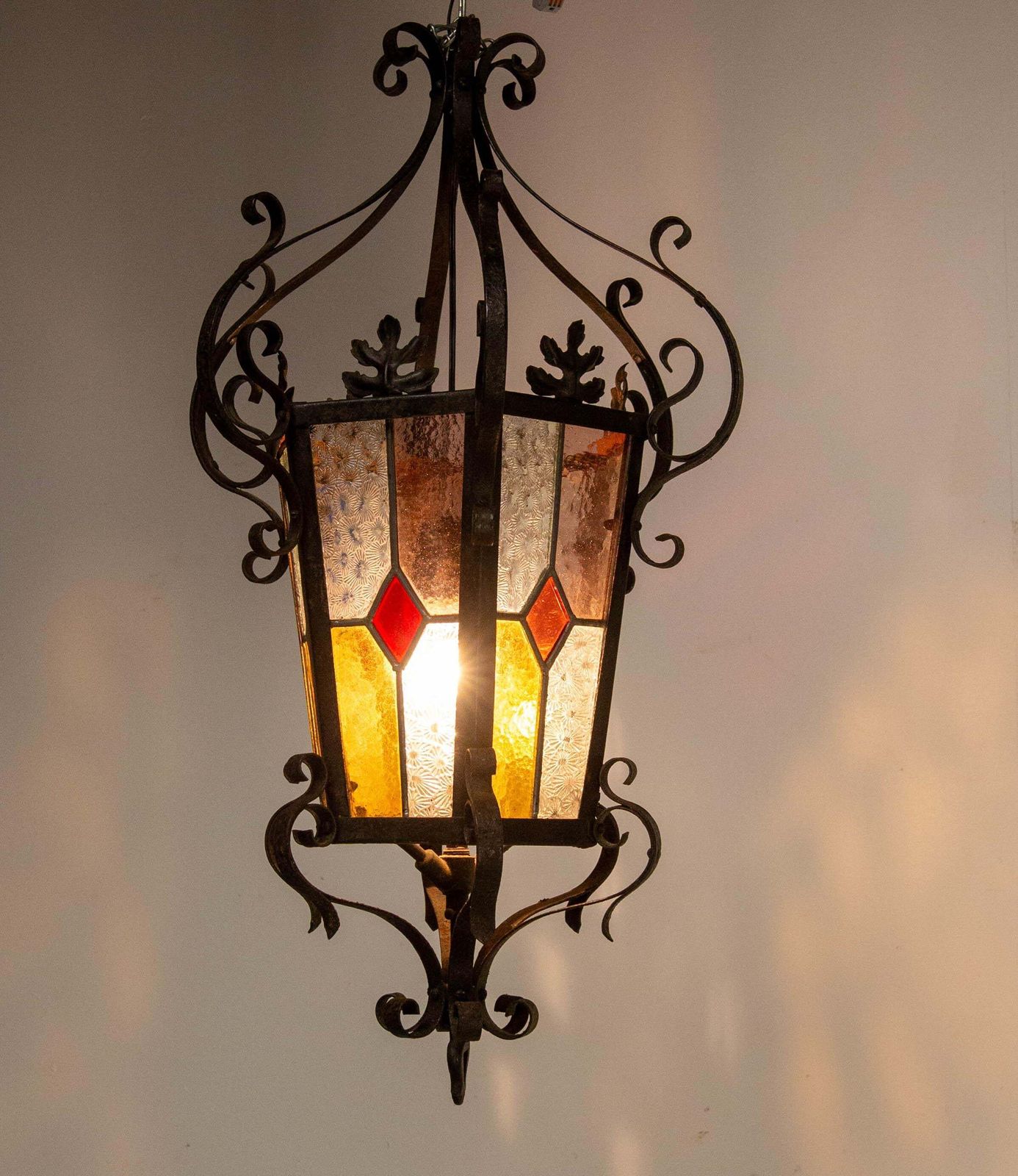 photo furniture French Lustre Colored Glass & Wrought Iron Ceiling Pendant Chandelier Late 19thc