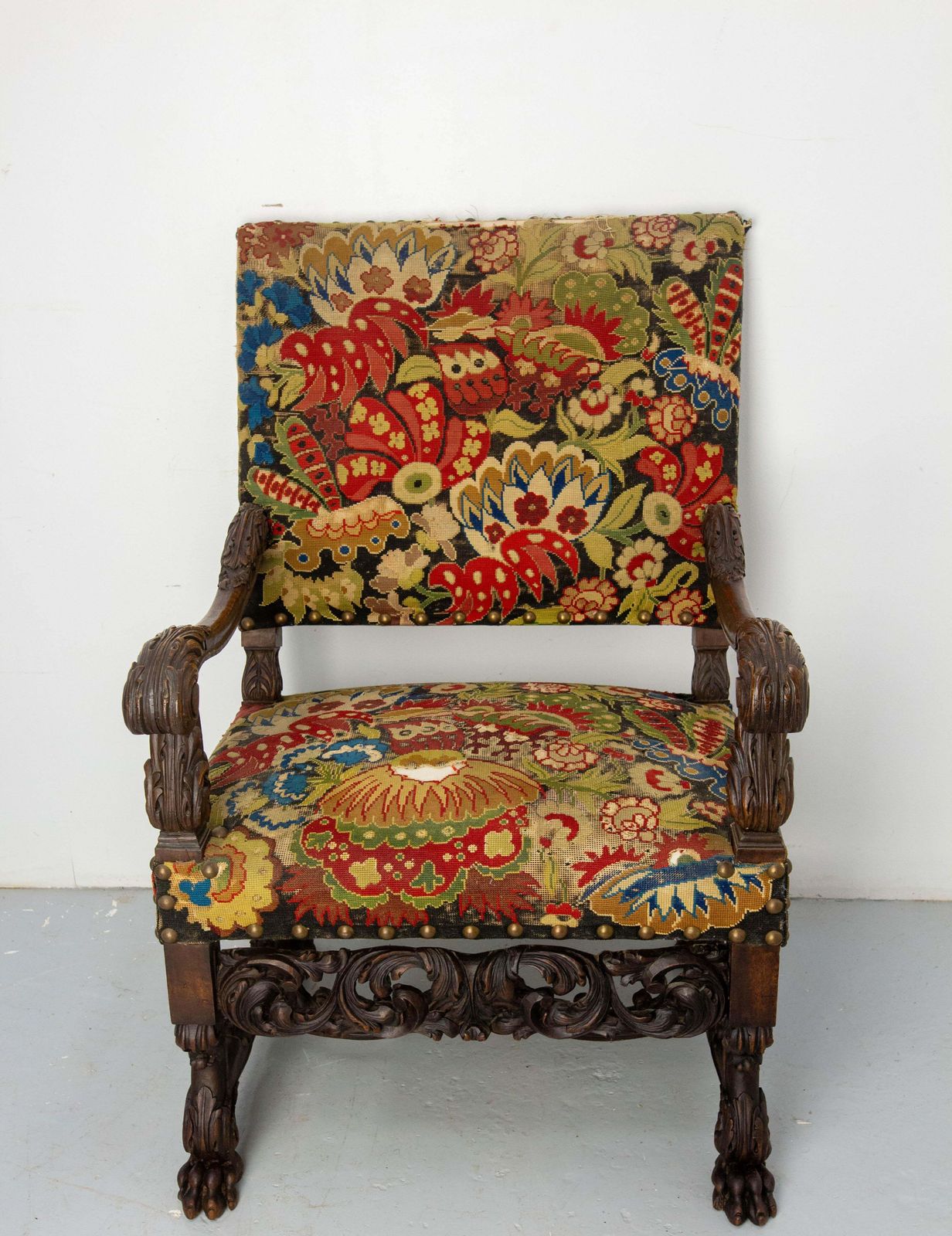 English Victorian Walnut Armchair Lion Paws Feet, Late 19th Century photo furniture