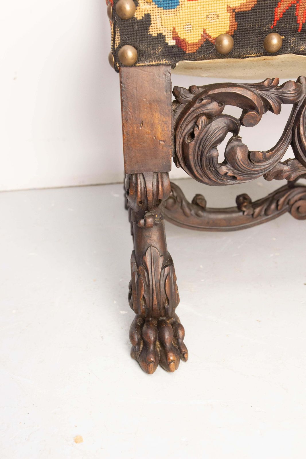 photo for sale English Victorian Walnut Armchair Lion Paws Feet, Late 19th Century