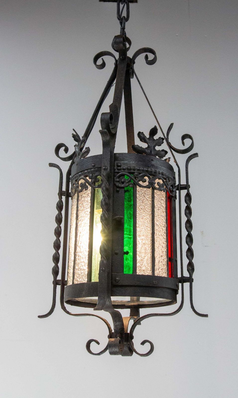French Lustre Colored Glass & Wrought Iron Ceiling Pendant Chandelier Late 19thc photo for sale