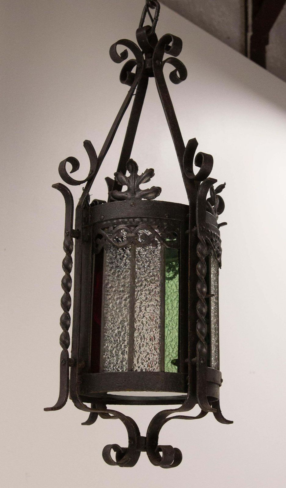 French Lustre Colored Glass & Wrought Iron Ceiling Pendant Chandelier Late 19thc photo vintage