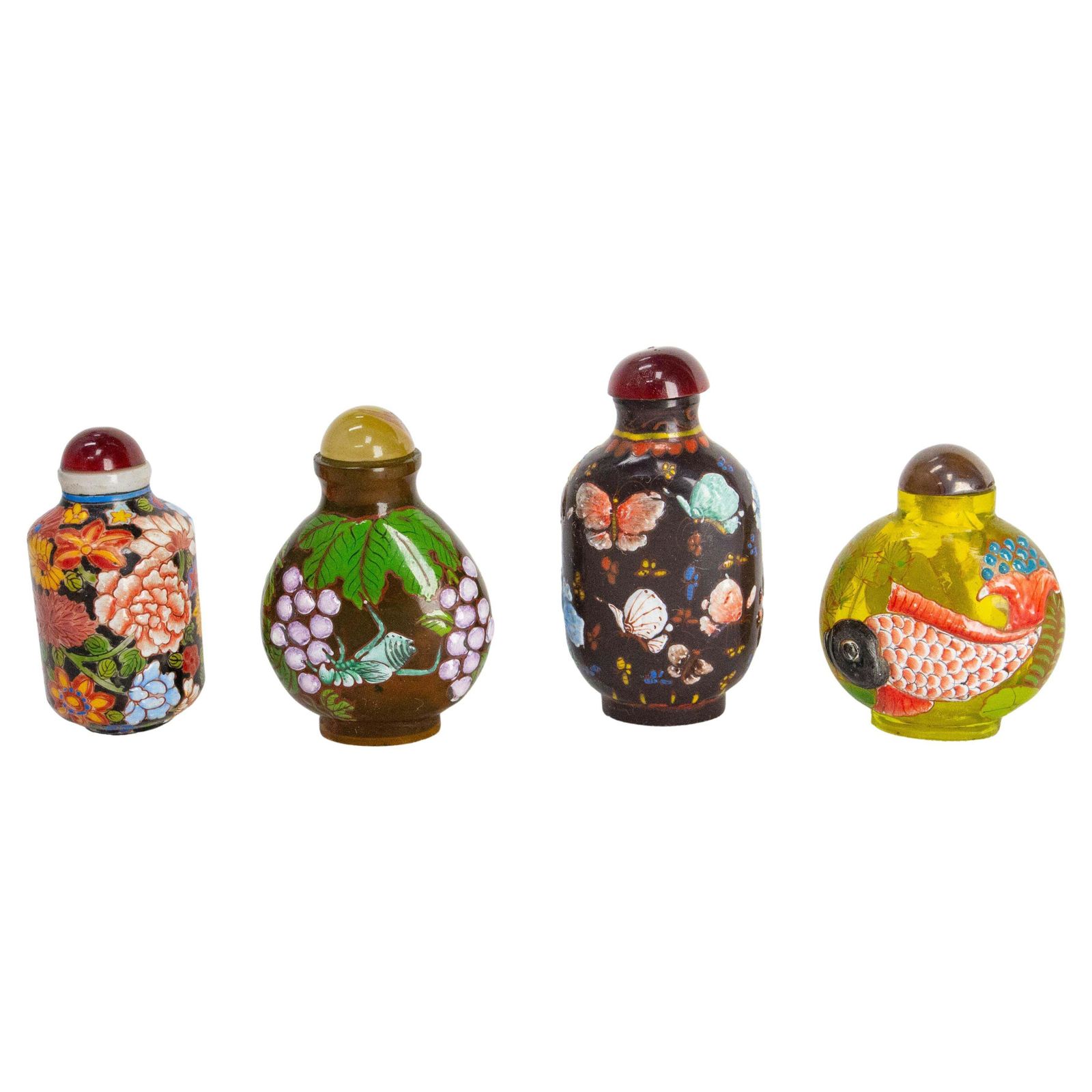 Set Of Four Chinese Snuffboxes Or Snuff Bottles, Porcelain Enemaled Early 20th C