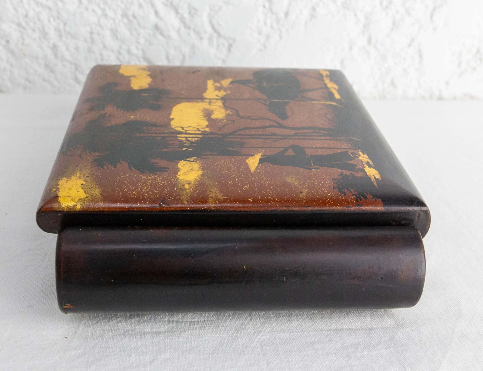 Lacquered Jewels Box, Scene Of Rural Life Wood Velvet & Mirror, Vietnam, C 1960 photo Home Decor