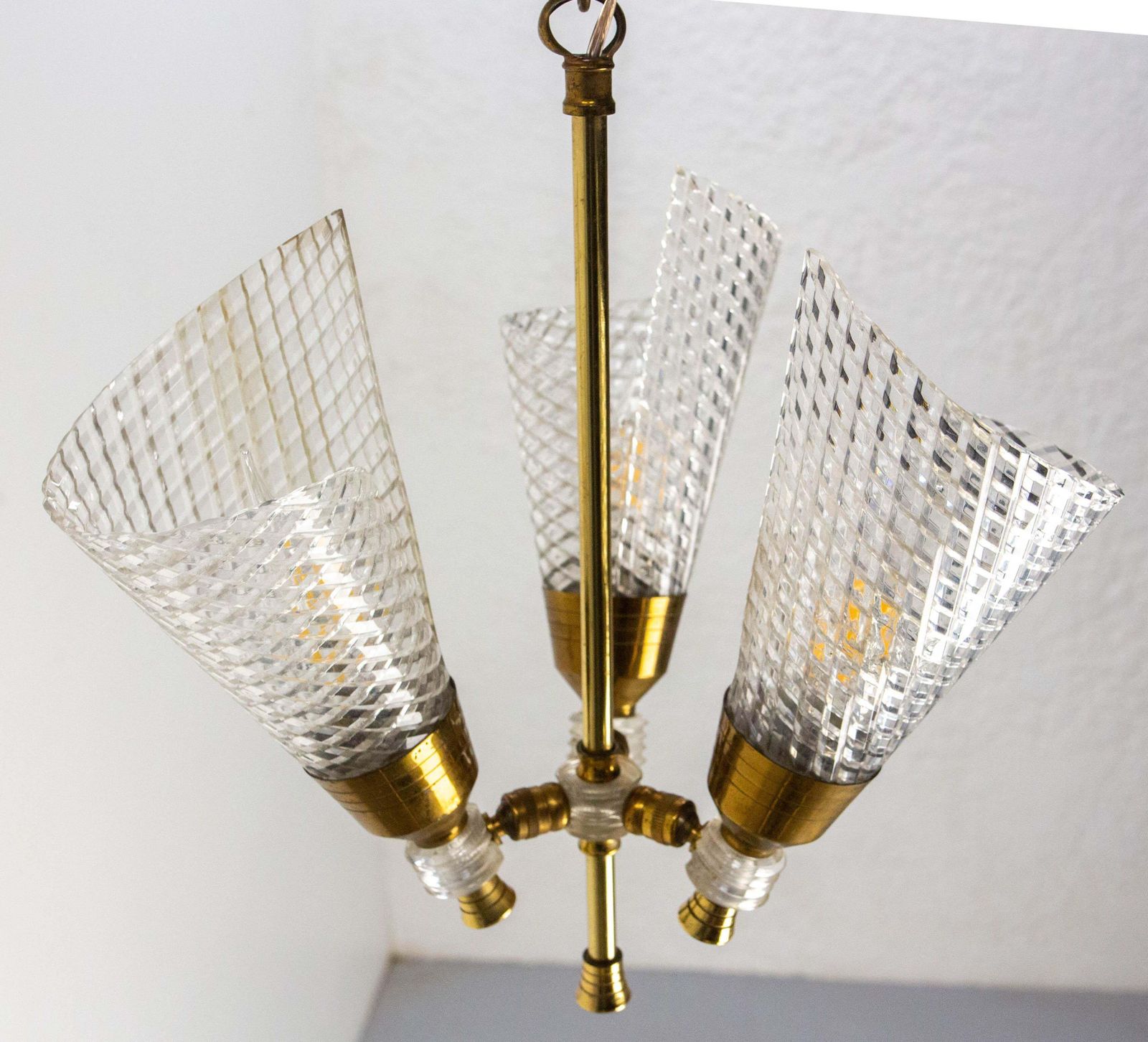 French Ceiling Pendant Glass & Brass Chandelier Lustre Guariche Style Circa 1960 photo for sale