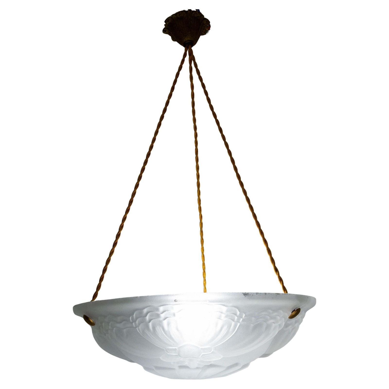 French Art Deco Lustre Glass Ceiling Pendant Chandelier, Circa 1930