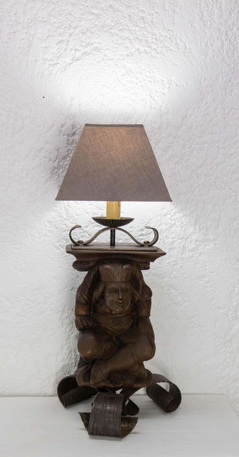 Gargoyle Table Lamp By J M Rothschild Wood & Wrough Iron, French, Circa 1960 photo for sale