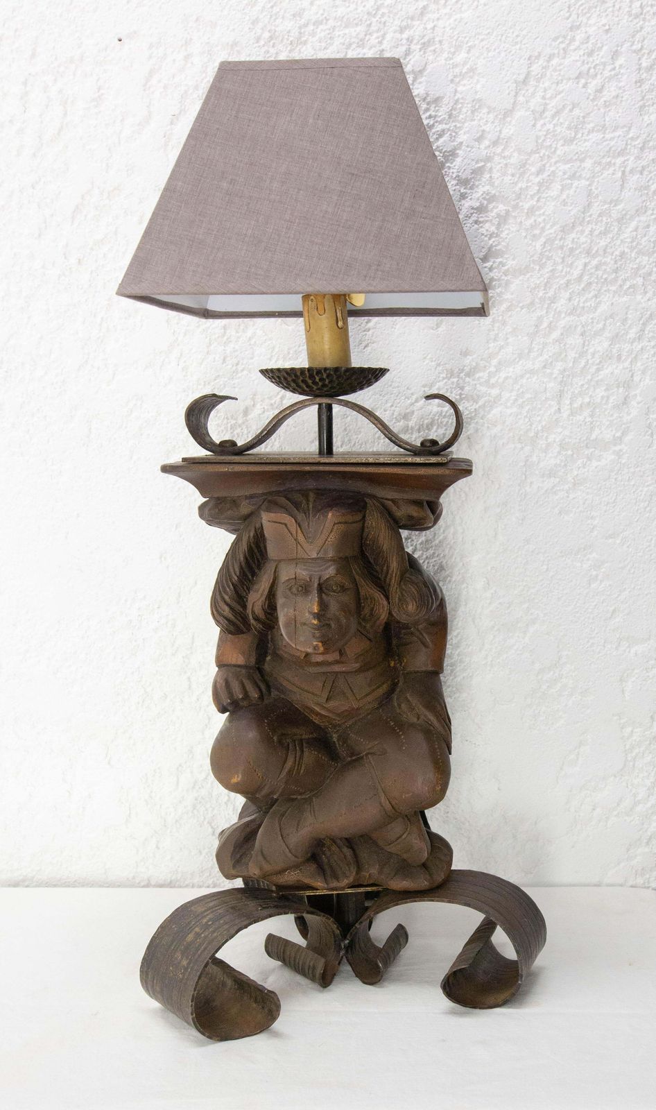 Gargoyle Table Lamp By J M Rothschild Wood & Wrough Iron, French, Circa 1960 photo vinterior