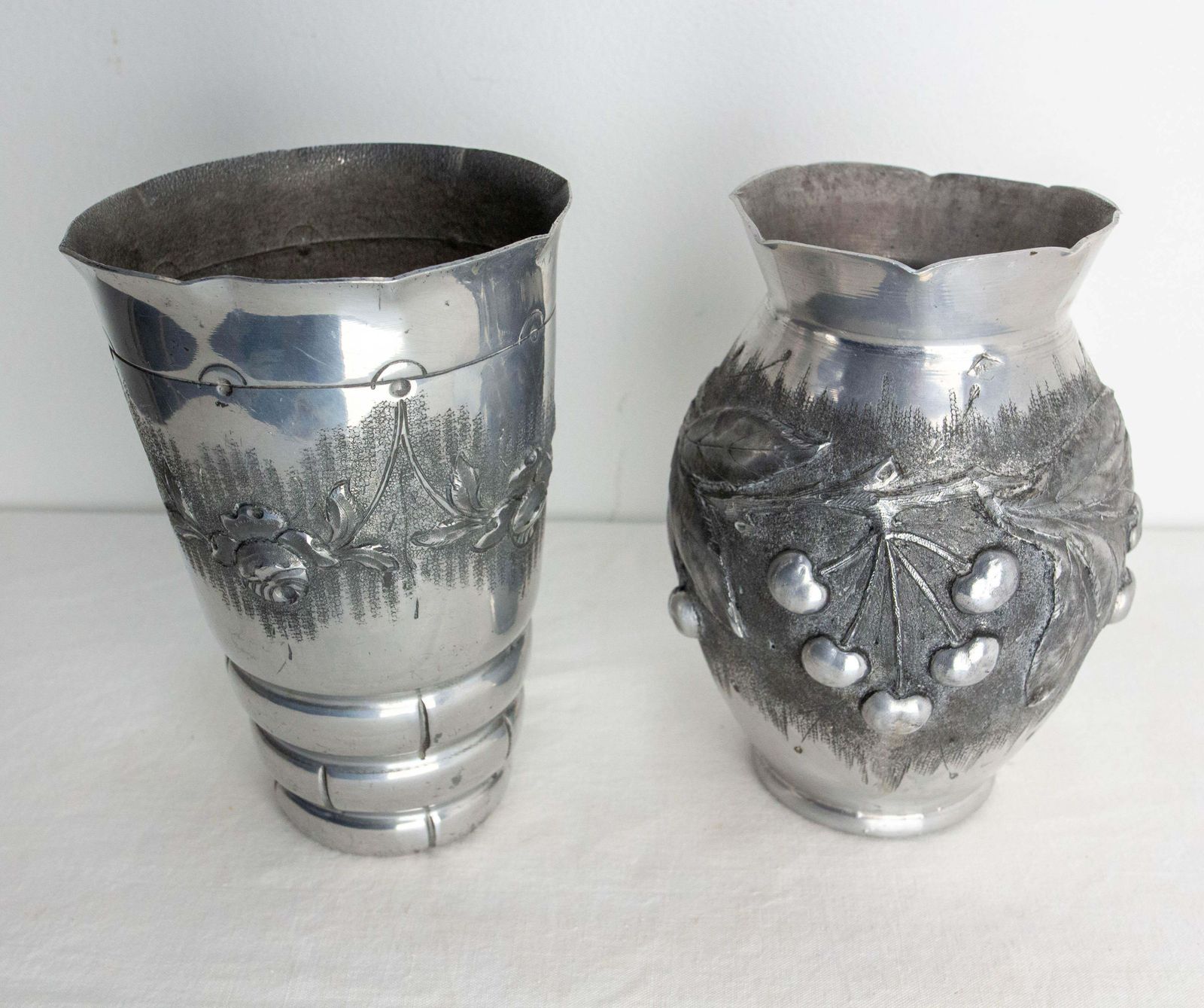 French Set Two Vases Aluminium Embossed Metal Vegetal Decoration Circa 1930 photo furniture