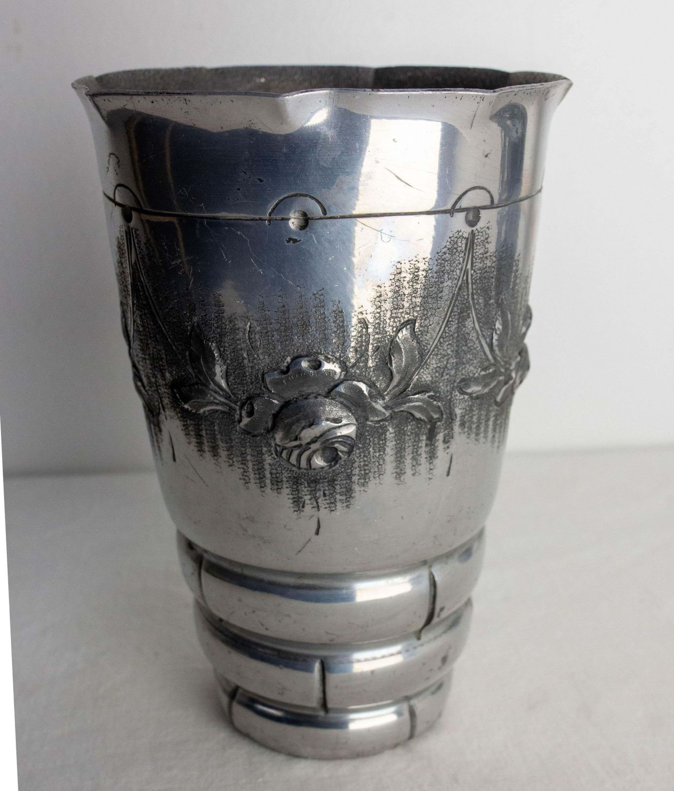French Set Two Vases Aluminium Embossed Metal Vegetal Decoration Circa 1930 photo buy