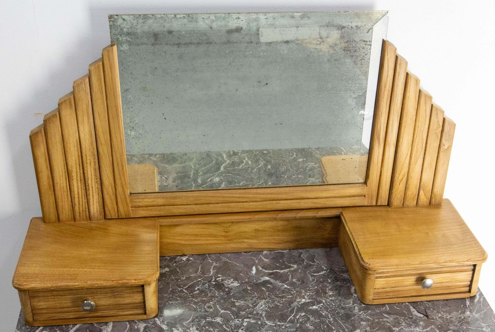 photo for sale French Midcentury Chesnut Marble Dressing Table Vanity Unit Mirror