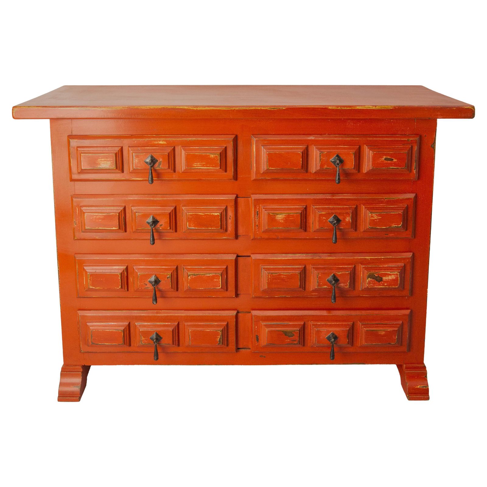 French Commode Or Patinated Red Chest Of Drawers Spanish Style, 20th Mid Century