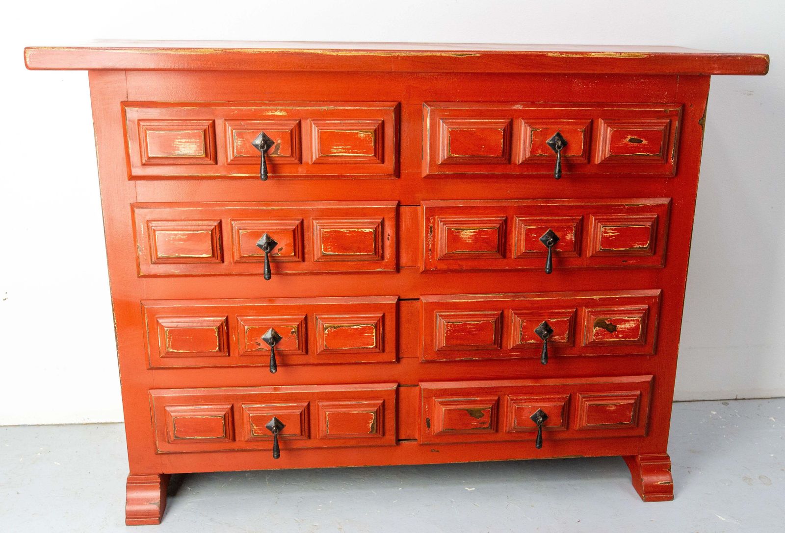 Furniture French Commode Or Patinated Red Chest Of Drawers Spanish Style, 20th Mid Century photo