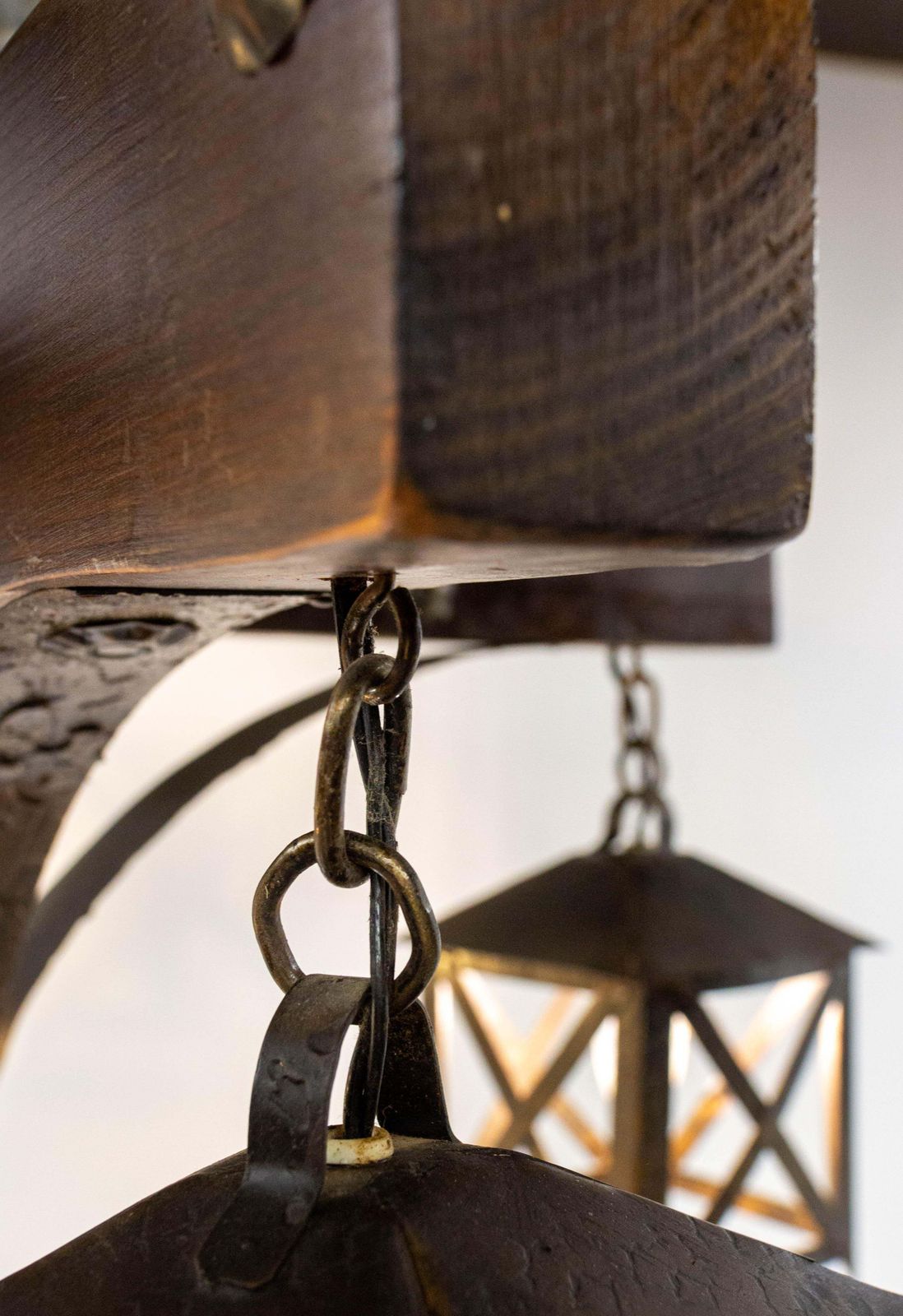 French Chandelier Ceiling Pendant Lustre Spanish Style Oak & Wrought Iron, C1960 photo Lighting