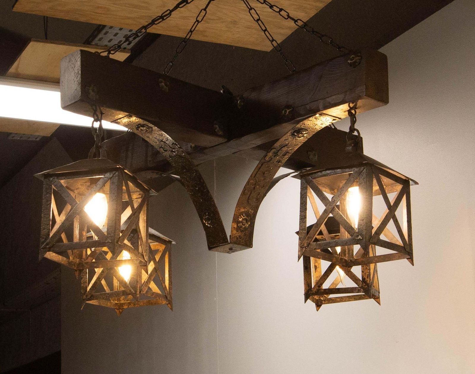 photo for sale French Chandelier Ceiling Pendant Lustre Spanish Style Oak & Wrought Iron, C1960
