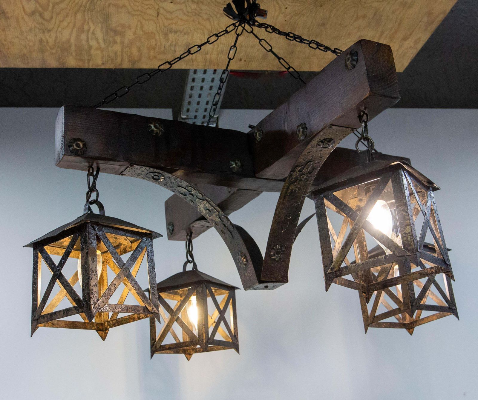 photo vinterior French Chandelier Ceiling Pendant Lustre Spanish Style Oak & Wrought Iron, C1960