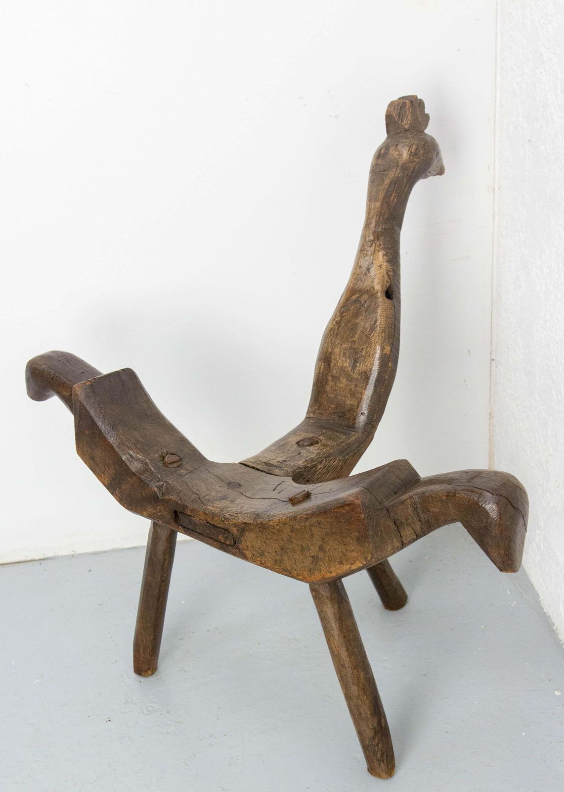French Tripod Chair Three Legs Wood Figurative Bird 19th Century photo furniture