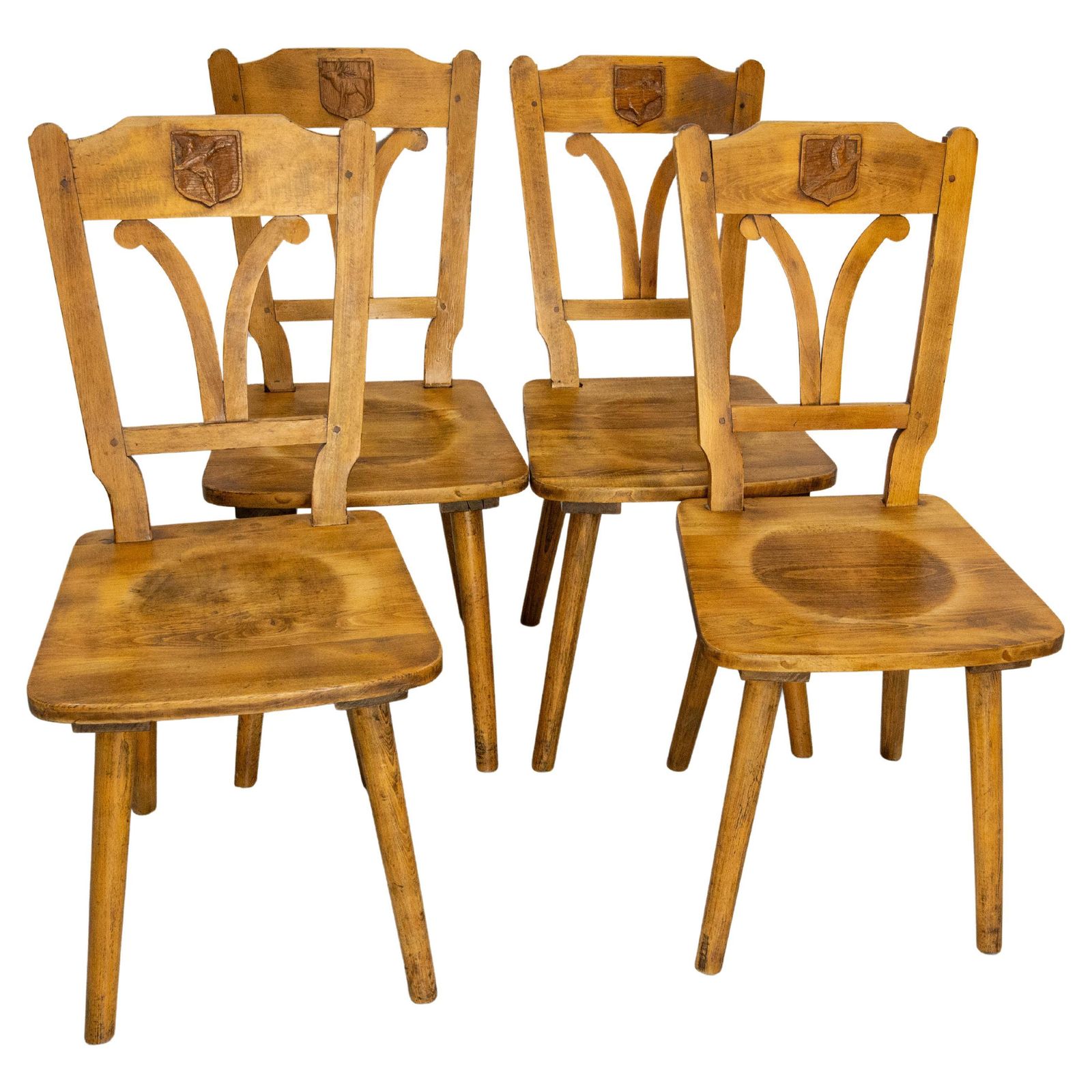 Set Of Four Massive Oak Chairs With Hunting Crests France, Mid 20th Century