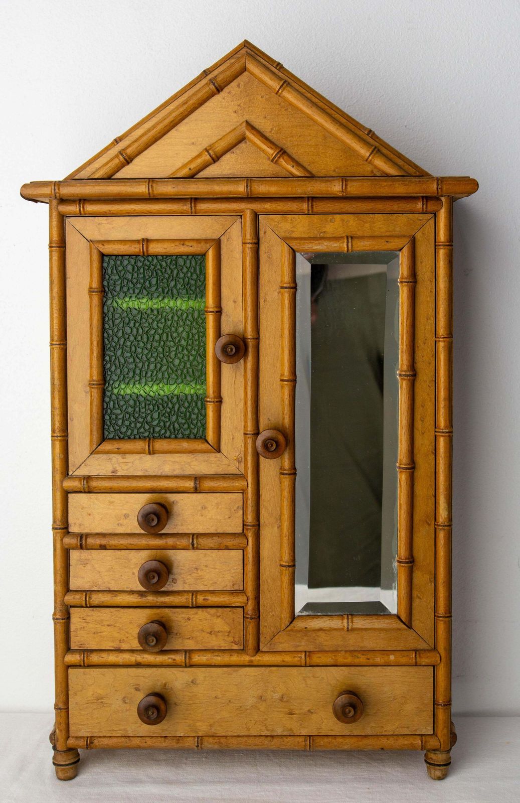 French Elm Burl & Beveled Mirror Doll Wardrobe Bamboo Children Toy, Circa 1900 photo furniture