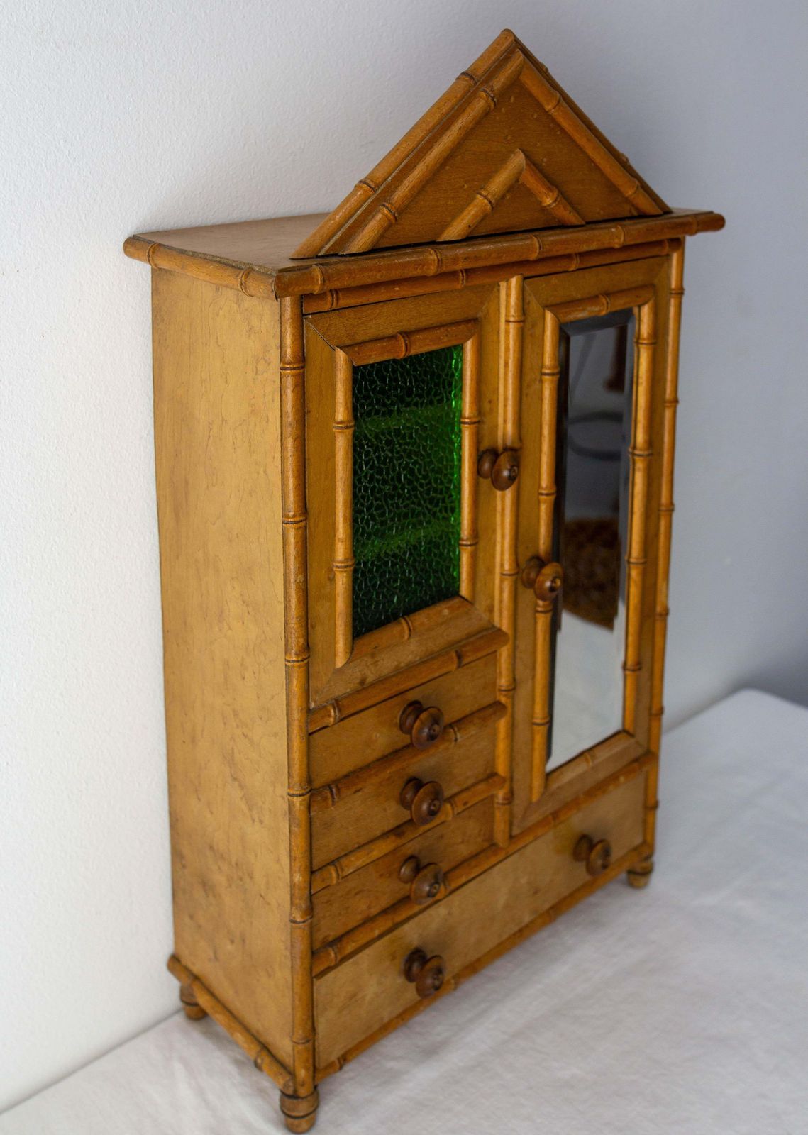 French Elm Burl & Beveled Mirror Doll Wardrobe Bamboo Children Toy, Circa 1900 photo for sale