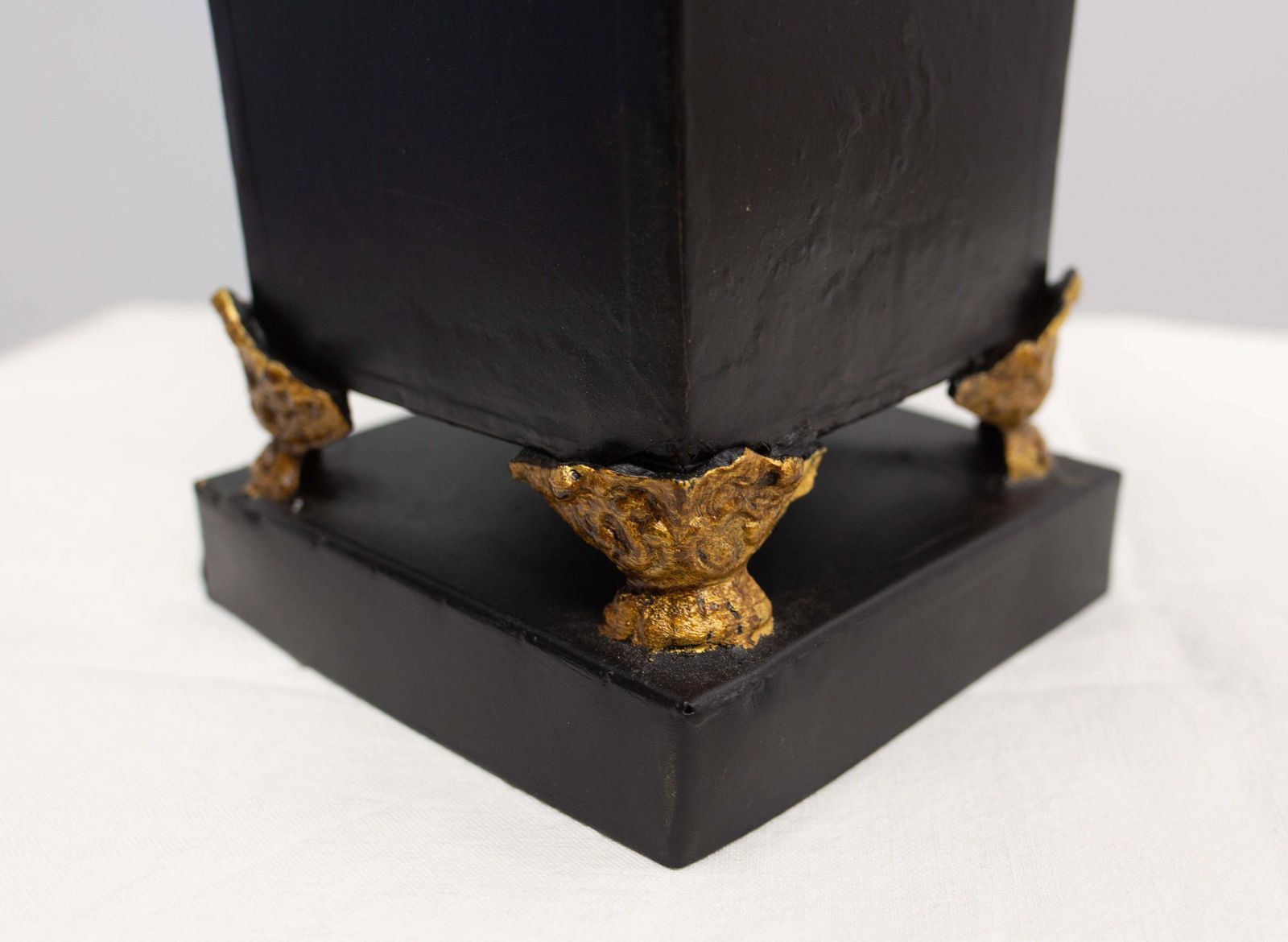 photo for sale French Metal Pot Cover Or Vase Black & Gold Painting, Circa 1980
