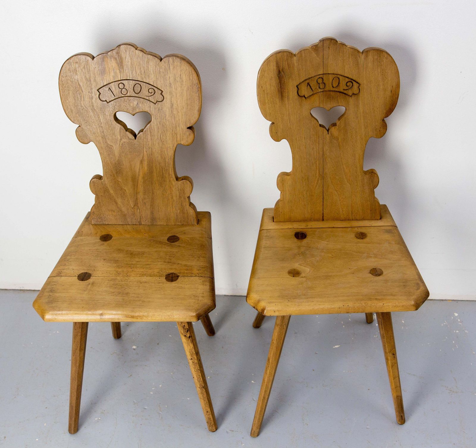 Midcentury French Pair Of Side Poplar Chairs Swiss Alp Style, Early 19th Century photo for sale