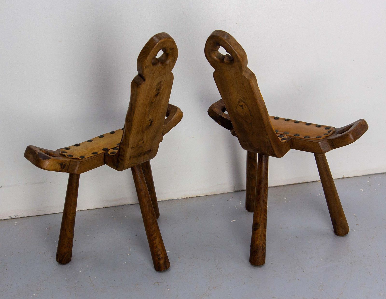 Pair Of Spanish Tripod Chairs Three Legs Poplar & Leather Midcentury photo 980.0